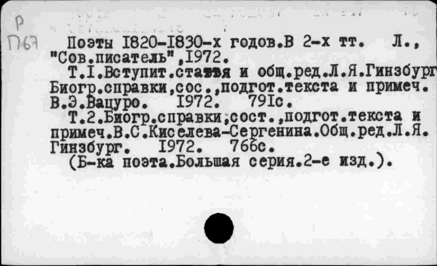 ﻿Поэты 1820-1830-х годов.В 2-х тт. Л., "Сов.писатель",1972.
Т.1.Вступит.статоя и общ.ред.Л.Я.Гинзбург Биогр.справки,сос.,подгот.текста и примеч. В.Э.Вацуро. 1972. 791с.
Т.2.Биогр.справки,сост.,подгот.текста и примеч.В.С.Кис елева-Сергенина.Общ.ред.Л.Я. Гинзбург. 1972. 766с.
(Б-ка поэта.Болыпая серия.2-е изд.).